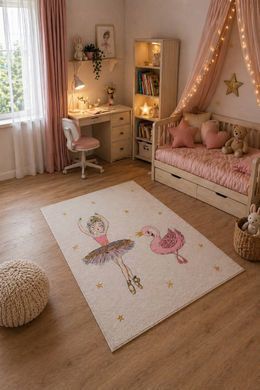 Дитячий килим з балеринкою 120×180 см — м’який плюшевий килим у кімнату дівчинки красивый коврик в детскую комнату девочки с балеринкой принцессой и красивой розовой птичкой коврик на пол очень мягкий и приятный на ощупь можно стирать в стиральной машине
