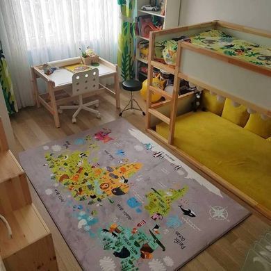 Дитячий килим Сірий Карта Світу (Атлас) з тваринами Туреччина