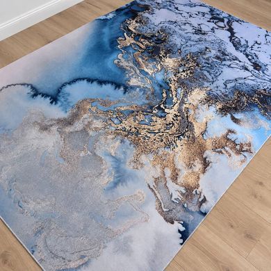 Дизайнерський безворсовий килим &laquo;Blue Gold Marble&raquo; &mdash; блакитно-синій із золотистими акцентами