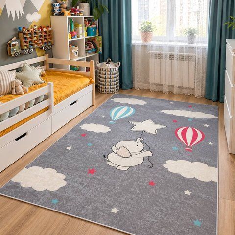 Детский ковер со слоником и воздушными шарами Soft Collection &laquo;Полет к звездам&raquo;